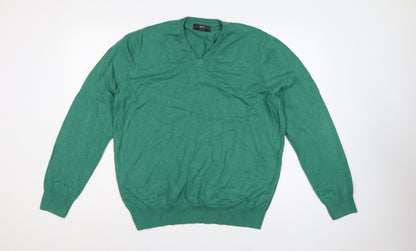 Marks & Spencer Men Green XL Pure Cotton V-Neck Pullover Jumper
