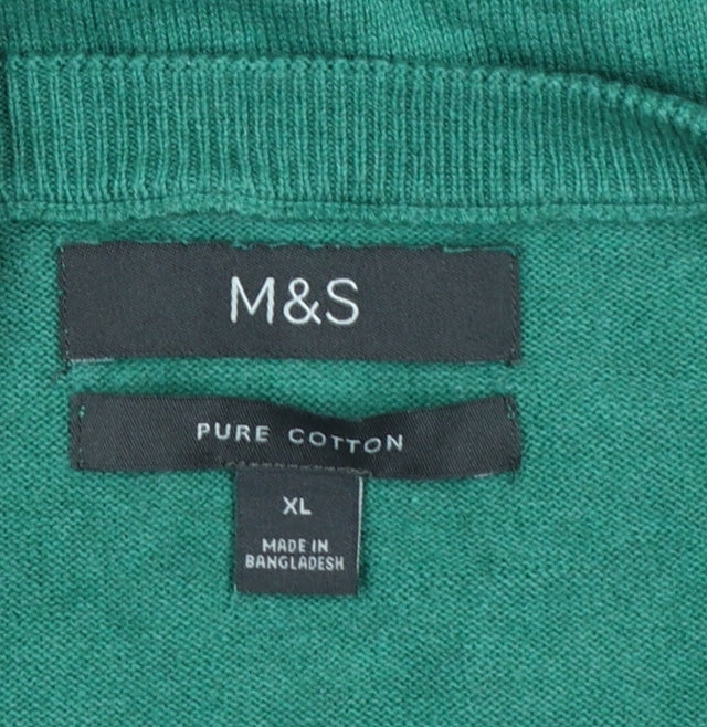 Marks & Spencer Men Green XL Pure Cotton V-Neck Pullover Jumper