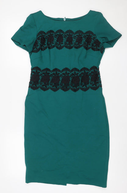 M&S Women Green UK 10 Shift Dress Floral Lace Trim Formal