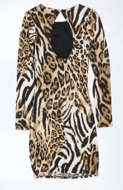 Lipsy London Women Brown Animal Print Bodycon Dress UK 8 Long Sleeve