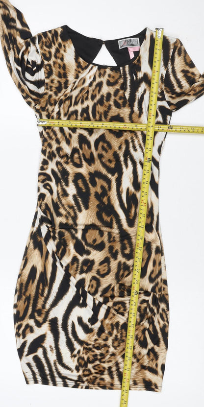 Lipsy London Women Brown Animal Print Bodycon Dress UK 8 Long Sleeve