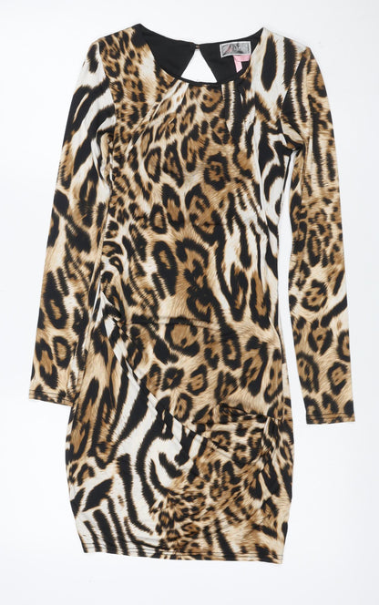 Lipsy London Women Brown Animal Print Bodycon Dress UK 8 Long Sleeve