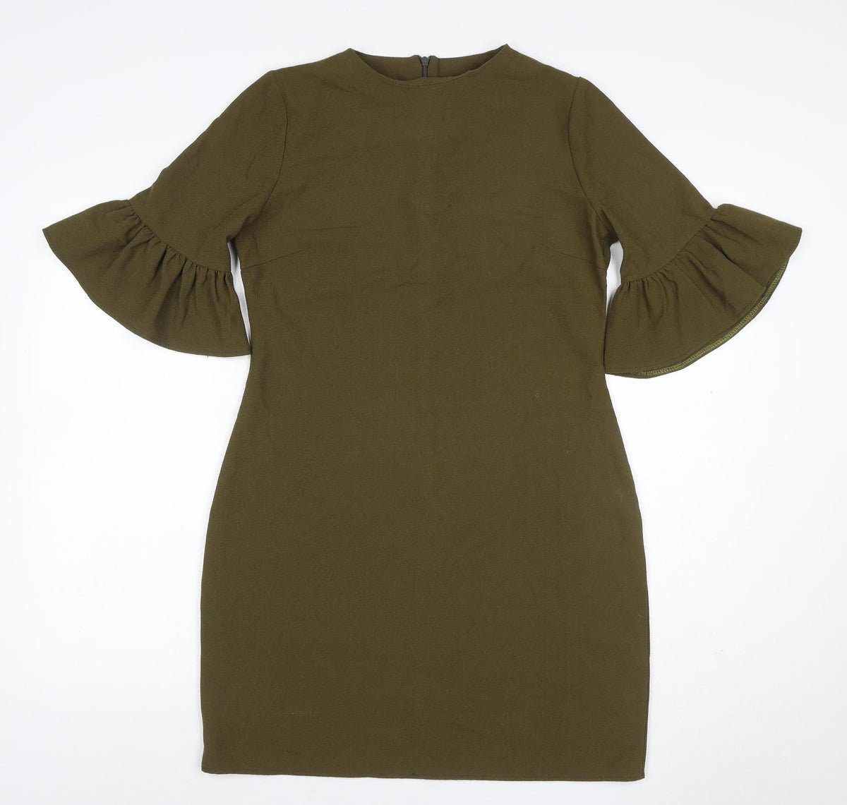 Boohoo Women Green UK 10 Bodycon Knee Dress Bell Sleeve Zip