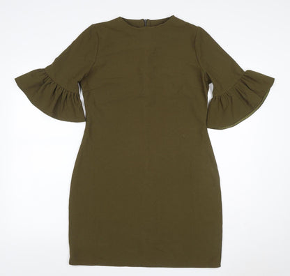 Boohoo Women Green UK 10 Bodycon Knee Dress Bell Sleeve Zip