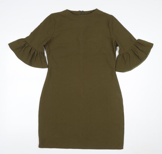Boohoo Women Green UK 10 Bodycon Knee Dress Bell Sleeve Zip