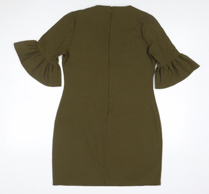 Boohoo Women Green UK 10 Bodycon Knee Dress Bell Sleeve Zip