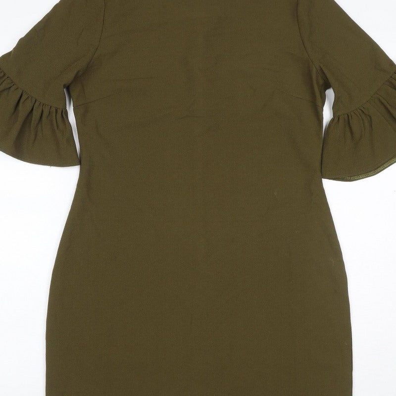 Boohoo Women Green UK 10 Bodycon Knee Dress Bell Sleeve Zip