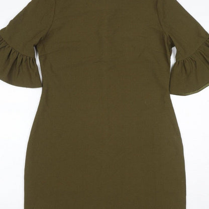 Boohoo Women Green UK 10 Bodycon Knee Dress Bell Sleeve Zip