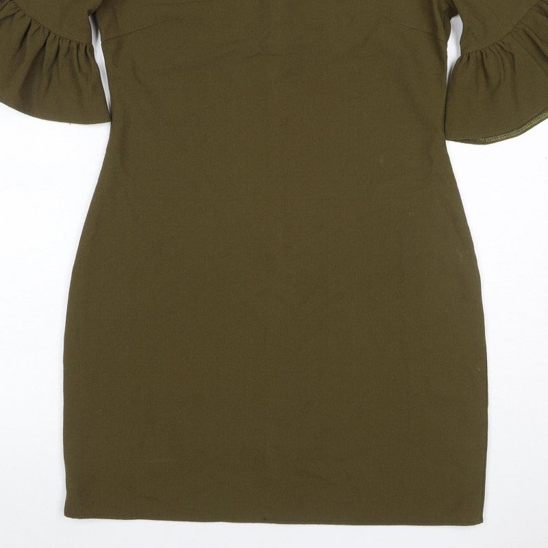 Boohoo Women Green UK 10 Bodycon Knee Dress Bell Sleeve Zip