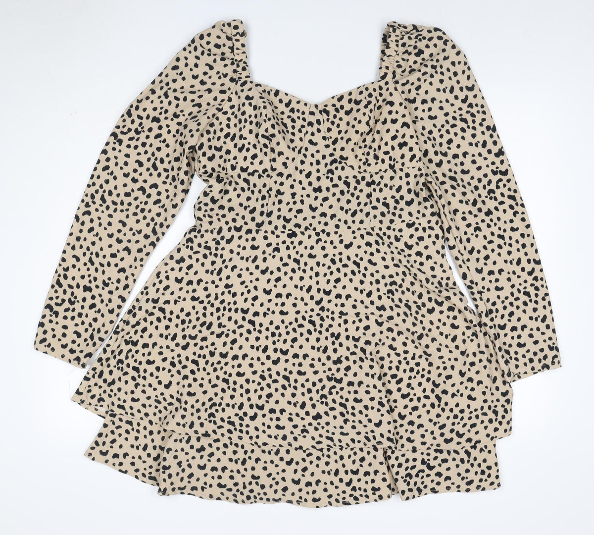 Quiz Women Beige Animal Print UK 14 Skater Smocked Long Sleeve Dress