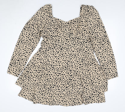 Quiz Women Beige Animal Print UK 14 Skater Smocked Long Sleeve Dress