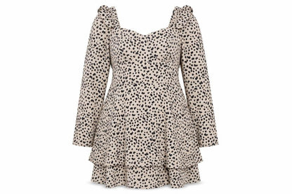Quiz Women Beige Animal Print UK 14 Skater Smocked Long Sleeve Dress