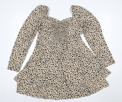 Quiz Women Beige Animal Print UK 14 Skater Smocked Long Sleeve Dress