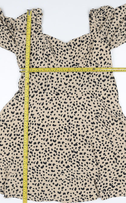 Quiz Women Beige Animal Print UK 14 Skater Smocked Long Sleeve Dress