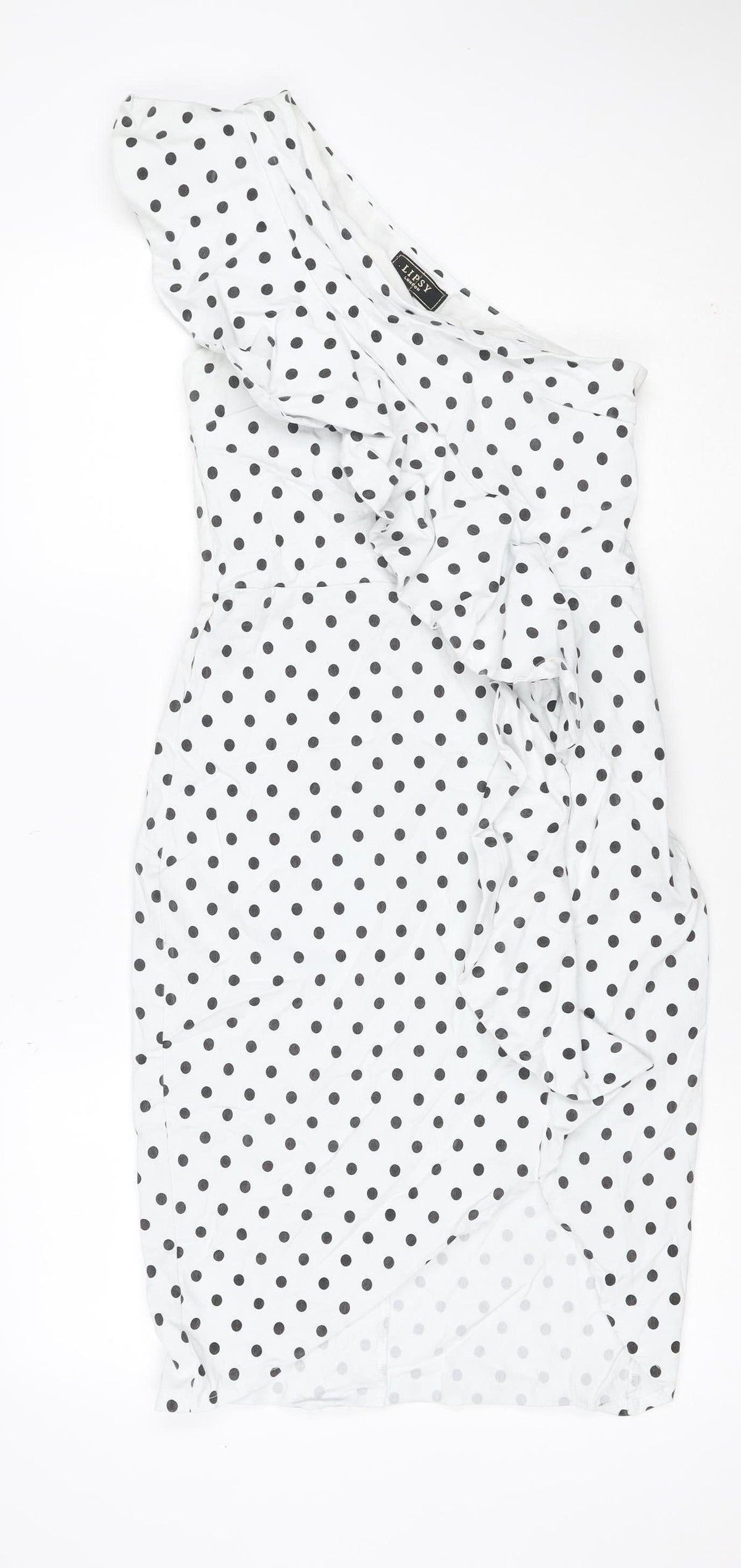 Lipsy London Women White Black Polka Dot UK 14 One Shoulder Bow Sheath Dress
