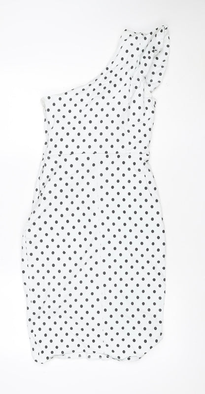 Lipsy London Women White Black Polka Dot UK 14 One Shoulder Bow Sheath Dress