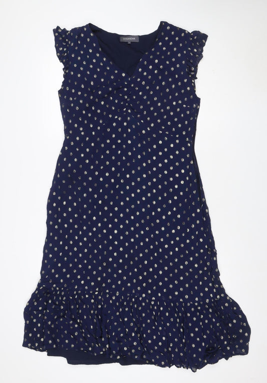 Sonsandar Women Blue Size 14 Midi Ruffle Polka Dot V-Neck Dress