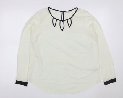 Marks & Spencer Women Ivory Size 14 Chiffon Blouse Black Trim