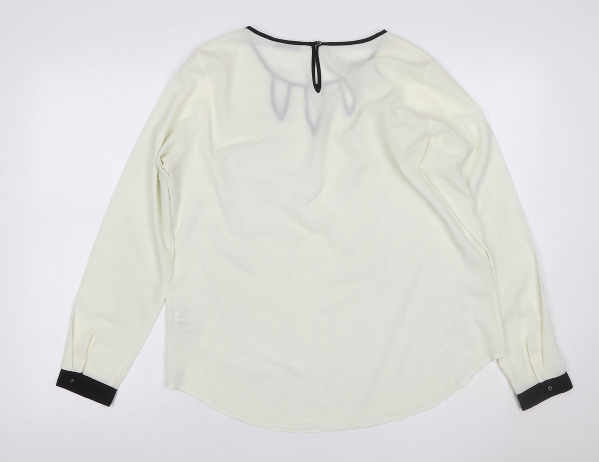 Marks & Spencer Women Ivory Size 14 Chiffon Blouse Black Trim