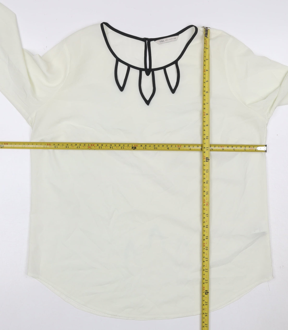 Marks & Spencer Women Ivory Size 14 Chiffon Blouse Black Trim