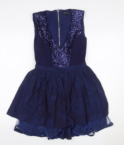 River Island Women Blue UK 10 Skater Dress Sequin V Neck Zip