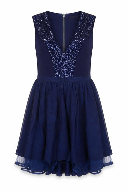 River Island Women Blue UK 10 Skater Dress Sequin V Neck Zip