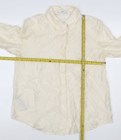 Mango Women Ivory UK 10 Sheer Rhinestone Long Sleeve Button-Up Blouse