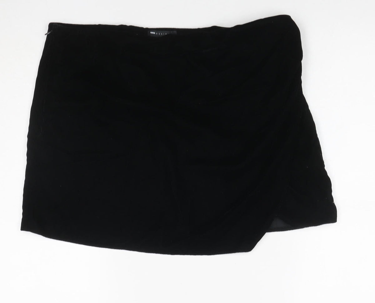 Additional front view of ASOS DESIGN Women Black UK 16 Velvet Asymmetric Pencil Mini Skirt