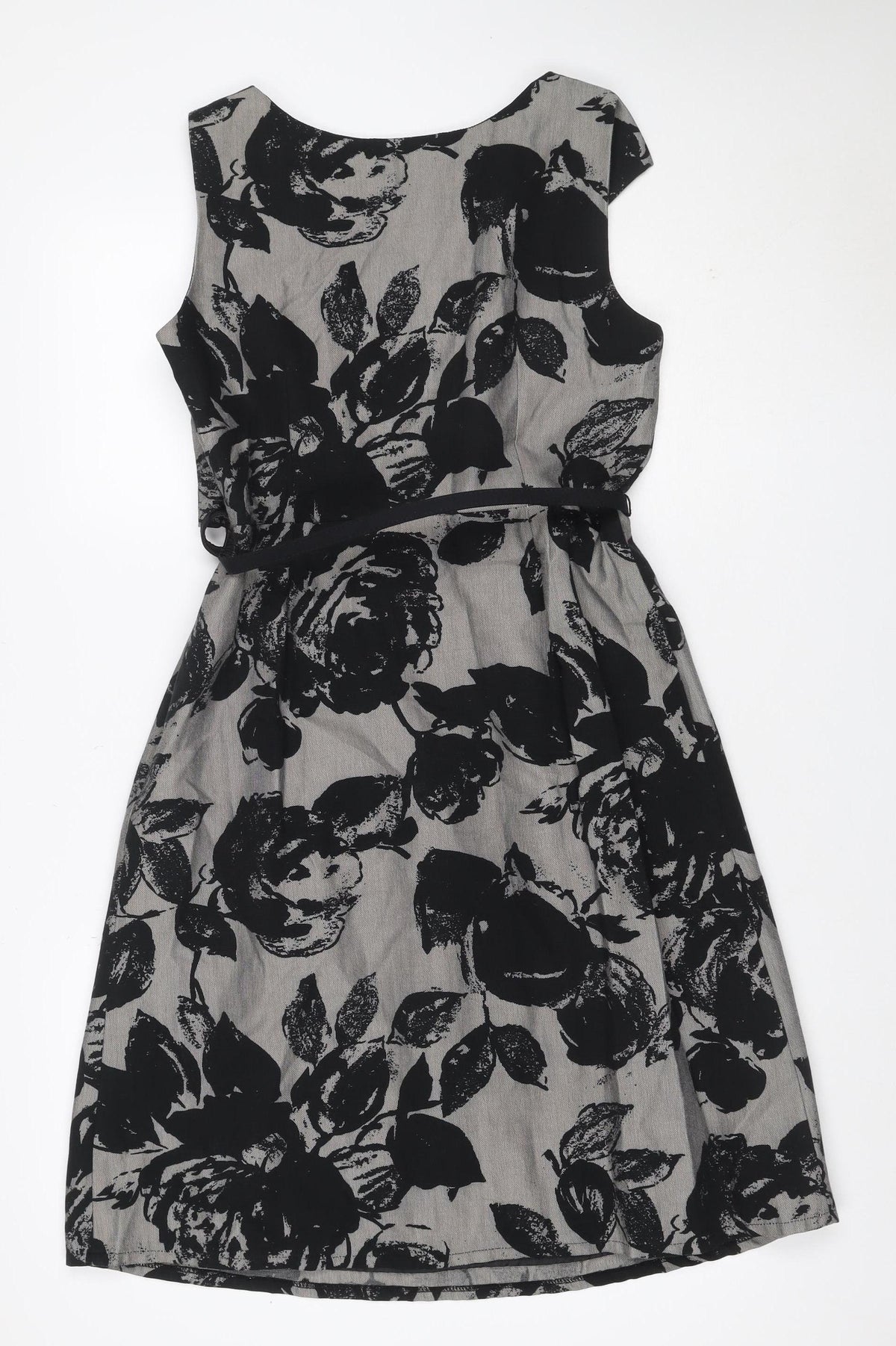 Per Una Women Grey Black Floral Lace-Up Knee Length Sheath Dress UK 12