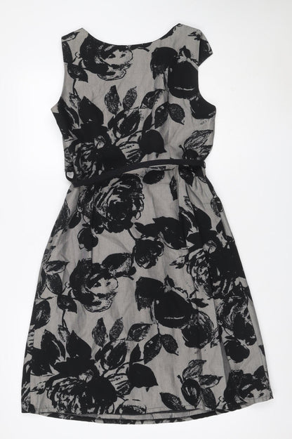 Per Una Women Grey Black Floral Lace-Up Knee Length Sheath Dress UK 12