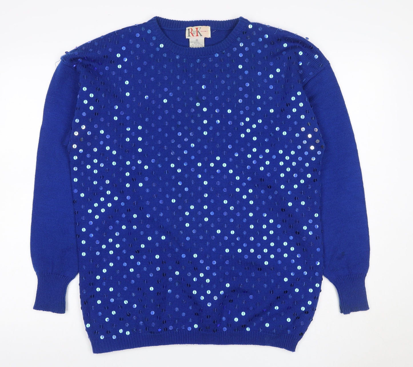 R&K Originals Women Blue M Sequin Crew Neck Vintage Acrylic Jumper
