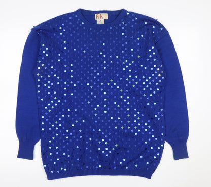 R&K Originals Women Blue M Sequin Crew Neck Vintage Acrylic Jumper