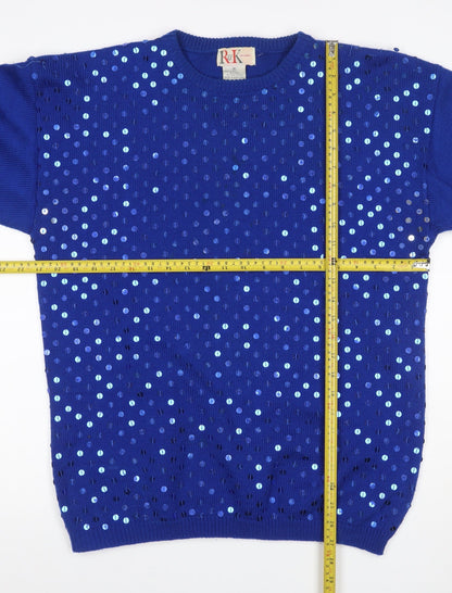 R&K Originals Women Blue M Sequin Crew Neck Vintage Acrylic Jumper