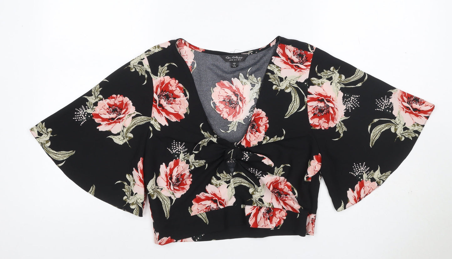 Miss Selfridge Women Black Floral Kimono Tie Front Blouse UK 12
