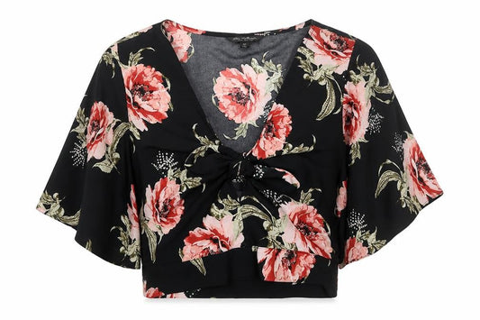 Miss Selfridge Women Black Floral Kimono Tie Front Blouse UK 12