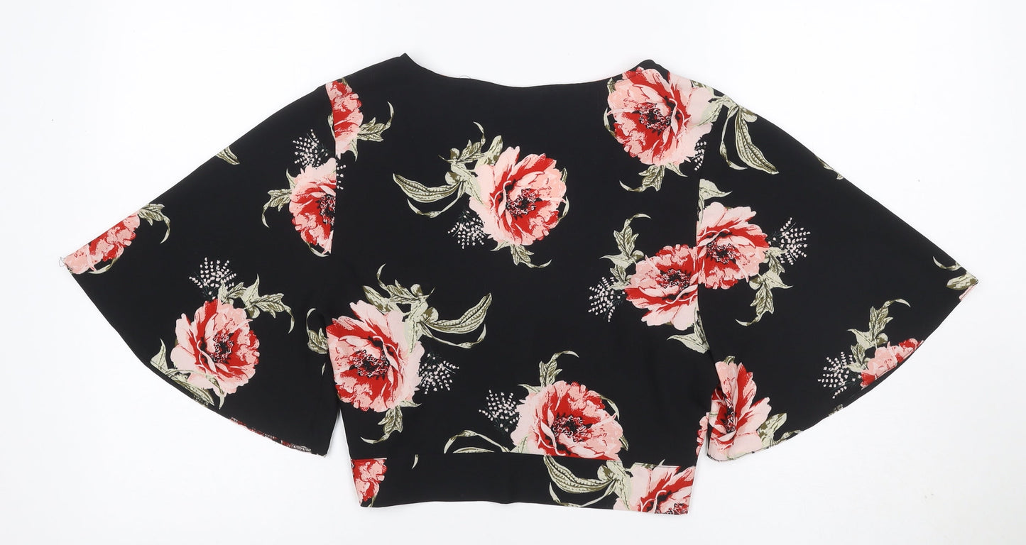 Miss Selfridge Women Black Floral Kimono Tie Front Blouse UK 12