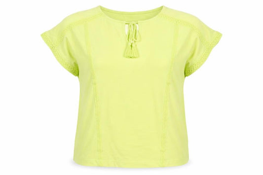 Gallery Women Yellow M Tie Neck Crochet Trim Cap Sleeve Blouse