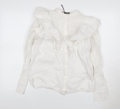 Zara Women White S Modal Ruffle Long Sleeve Button-Up Blouse