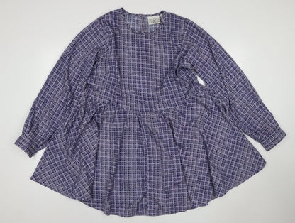 Daisy Street Women Blue Check Skater Dress UK 10 Long Sleeve Mini