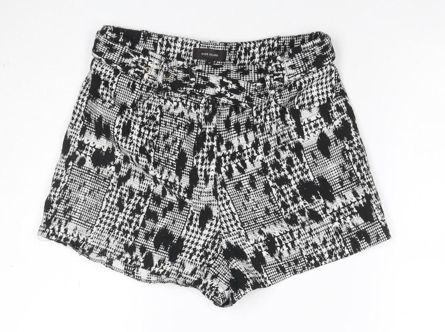 River Island Women’s Black White Houndstooth Shorts UK 12 Belted