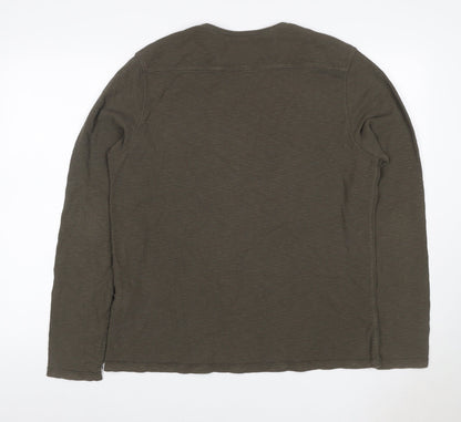 AllSaints Men's Green Large Waffle Knit Long Sleeve Crew Neck T-Shirt