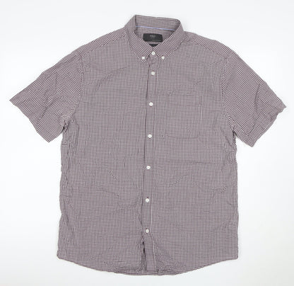 Marks & Spencer Men's Red L Check Short Sleeve Button-Up Shirt