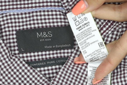 Marks & Spencer Men's Red L Check Short Sleeve Button-Up Shirt