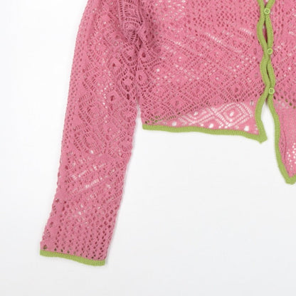 Daisy Street Women Pink Green Floral Crochet Cardigan UK 10 Long Sleeve