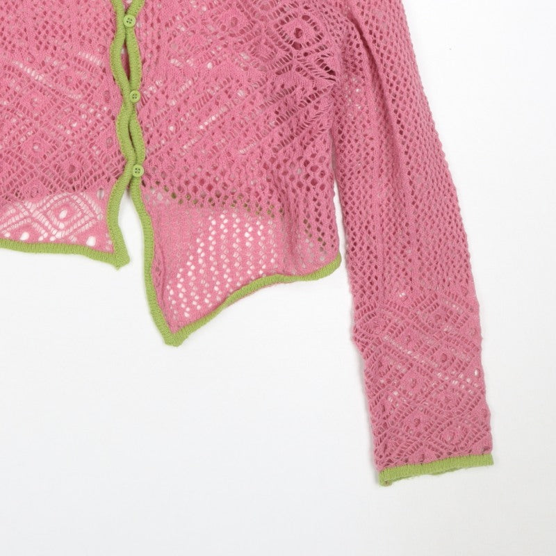 Daisy Street Women Pink Green Floral Crochet Cardigan UK 10 Long Sleeve