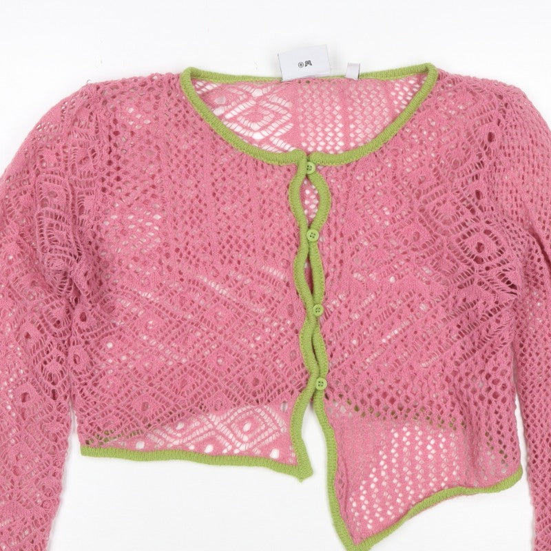 Daisy Street Women Pink Green Floral Crochet Cardigan UK 10 Long Sleeve