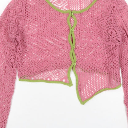 Daisy Street Women Pink Green Floral Crochet Cardigan UK 10 Long Sleeve