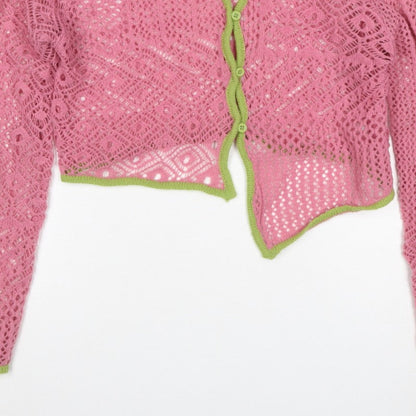 Daisy Street Women Pink Green Floral Crochet Cardigan UK 10 Long Sleeve