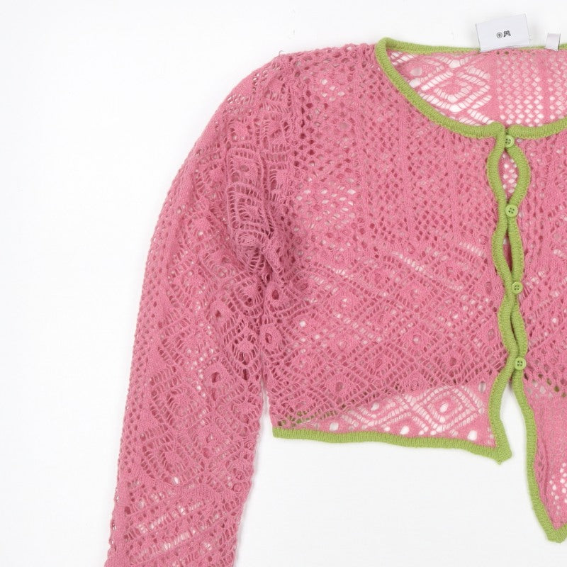 Daisy Street Women Pink Green Floral Crochet Cardigan UK 10 Long Sleeve