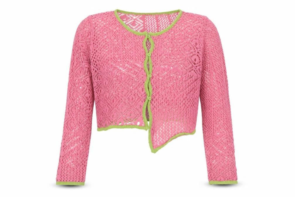 Daisy Street Women Pink Green Floral Crochet Cardigan UK 10 Long Sleeve